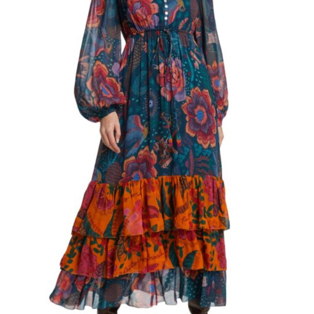 Farm Rio 'River Creatures' Blue Long Sleeve Maxi Dress — Medium